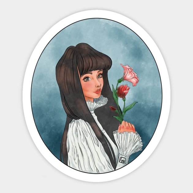 Cute Long black hair girl with flowers and innocent look with background Sticker by DNightOwl